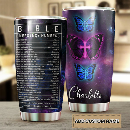 Camellia Personalized Butterfly Cross Bible Emergency Numbers Stainless Steel Tumbler - Double-Walled Insulation Vacumm Flask - For Thanksgiving, Memorial Day, Christians, Christmas Gift