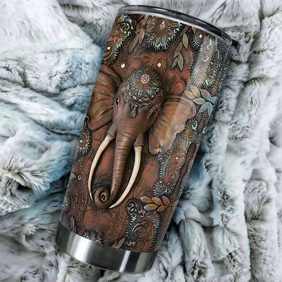 Camellia Personalized Mandala Elephant Stainless Steel Tumbler-Sweat-Proof Double Wall Travel Cup With Lid