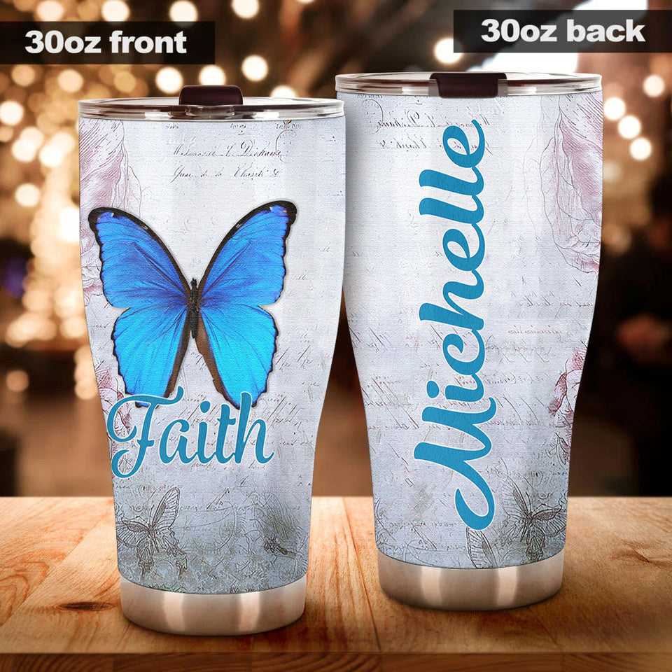 Camellia Personalized Butterfly Faith Stainless Steel Tumbler - Double-Walled Insulation Vacumm Flask - For Thanksgiving, Memorial Day, Christians, Christmas Gift