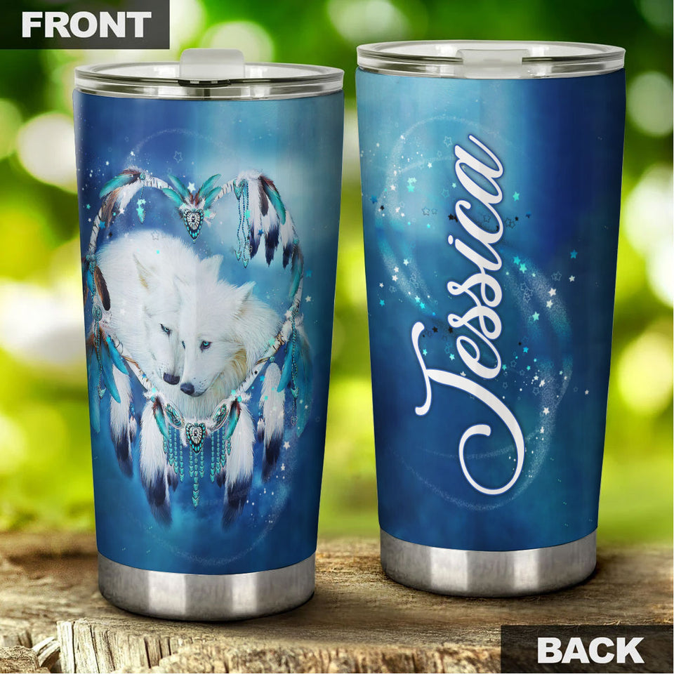 Camellia Persionalized 3D White Wolf Couple Stainless Steel Tumbler - Customized Double - Walled Insulation Travel Thermal Cup With Lid Gift For Couple Lover Husband Wife