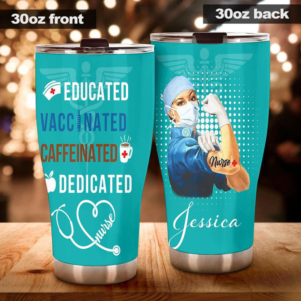 Camellia Personalized Nurse Educated Vaccinated Caffeinated Dedicated Stainless Steel Tumbler - Double-Walled Insulation Vacumm Flask - Gift For Nurse, Christmas Gift, International Nurses Day