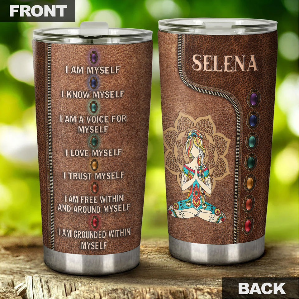 Camellia Personalized Meditation Girl Leather Style Stainless Steel Tumbler-Sweat-Proof Double Wall Travel Cup With Lid