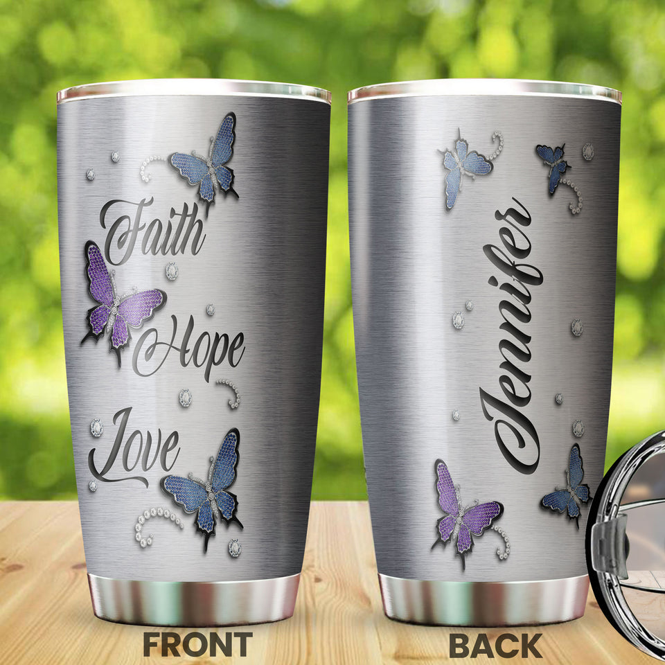 Camellia Personalized Butterfly Faith Hope Love Jewelry Style Stainless Steel Tumbler - Double-Walled Insulation Vacumm Flask - For Thanksgiving, Memorial Day, Christians, Christmas Gift