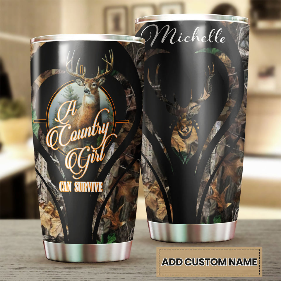 Camellia Persionalized 3D Deer A Country Girl Can Survive Stainless Steel Tumbler - Customized Double - Walled Insulation Travel Thermal Cup With Lid