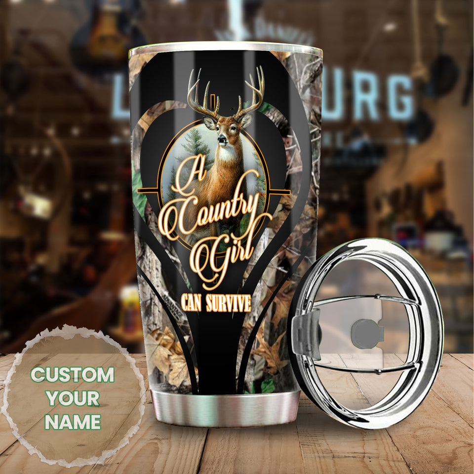 Camellia Persionalized 3D Deer A Country Girl Can Survive Stainless Steel Tumbler - Customized Double - Walled Insulation Travel Thermal Cup With Lid