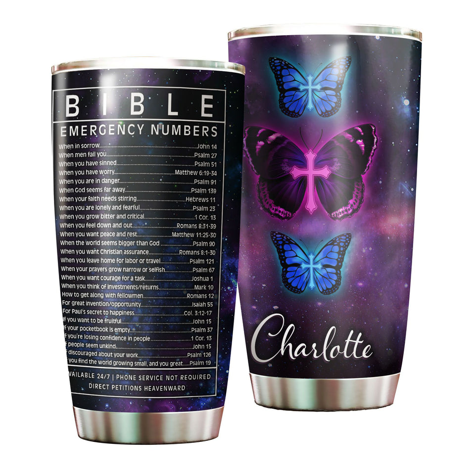 Camellia Personalized Butterfly Cross Bible Emergency Numbers Stainless Steel Tumbler - Double-Walled Insulation Vacumm Flask - For Thanksgiving, Memorial Day, Christians, Christmas Gift