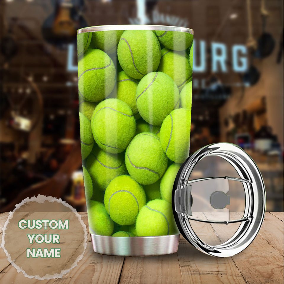 Camellia Personalized Full Of Tennis Ball Stainless Steel Tumbler - Customized Double-Walled Insulation Travel Thermal Cup With Lid Gift For Tennis Player