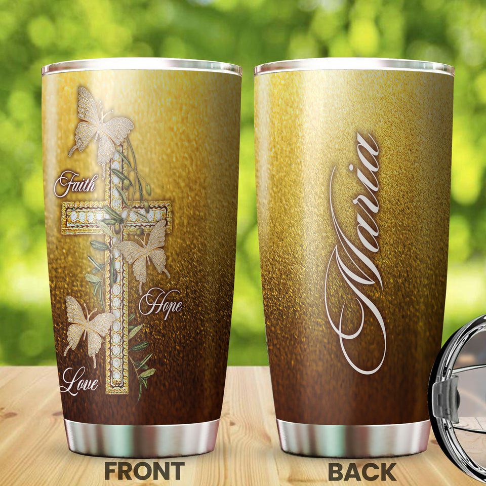 Camellia Personalized Butterfly Faith Hope Love Cross Stainless Steel Tumbler - Double-Walled Insulation Vacumm Flask - For Thanksgiving, Memorial Day, Christians, Christmas Gift