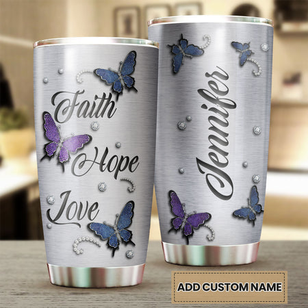 Camellia Personalized Butterfly Faith Hope Love Jewelry Style Stainless Steel Tumbler - Double-Walled Insulation Vacumm Flask - For Thanksgiving, Memorial Day, Christians, Christmas Gift