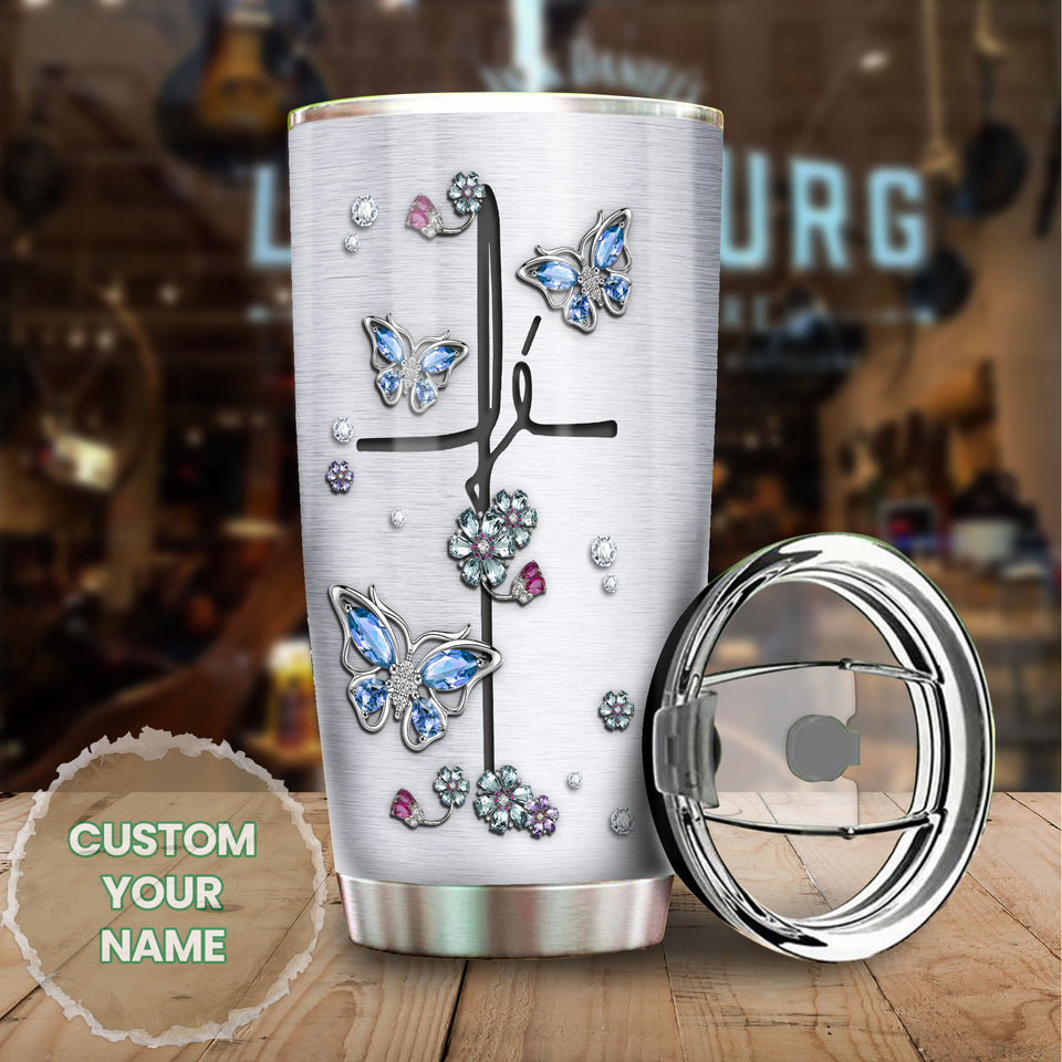 Camellia Personalized Butterfly Jewelry Style Christian Cross Stainless Steel Tumbler - Double-Walled Insulation Vacumm Flask - For Thanksgiving, Memorial Day, Christians, Christmas Gift
