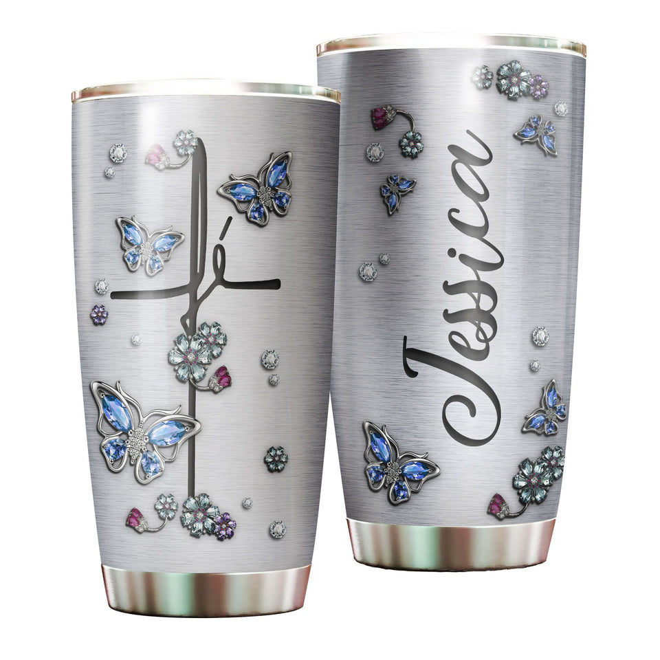 Camellia Personalized Butterfly Jewelry Style Christian Cross Stainless Steel Tumbler - Double-Walled Insulation Vacumm Flask - For Thanksgiving, Memorial Day, Christians, Christmas Gift