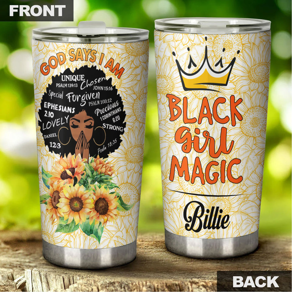 Camellia Persionalized 3D Black Girl Magic Stainless Steel Tumbler - Customized Double - Walled Insulation Travel Thermal Cup With Lid Gift For Black Queen Christian