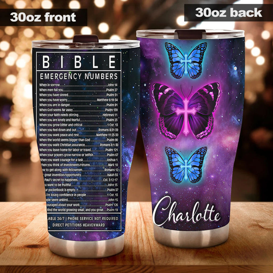 Camellia Personalized Butterfly Cross Bible Emergency Numbers Stainless Steel Tumbler - Double-Walled Insulation Vacumm Flask - For Thanksgiving, Memorial Day, Christians, Christmas Gift