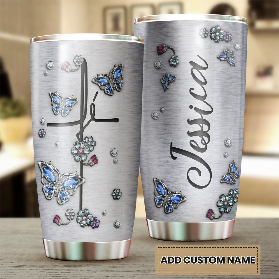 Camellia Personalized Butterfly Jewelry Style Christian Cross Stainless Steel Tumbler - Double-Walled Insulation Vacumm Flask - For Thanksgiving, Memorial Day, Christians, Christmas Gift