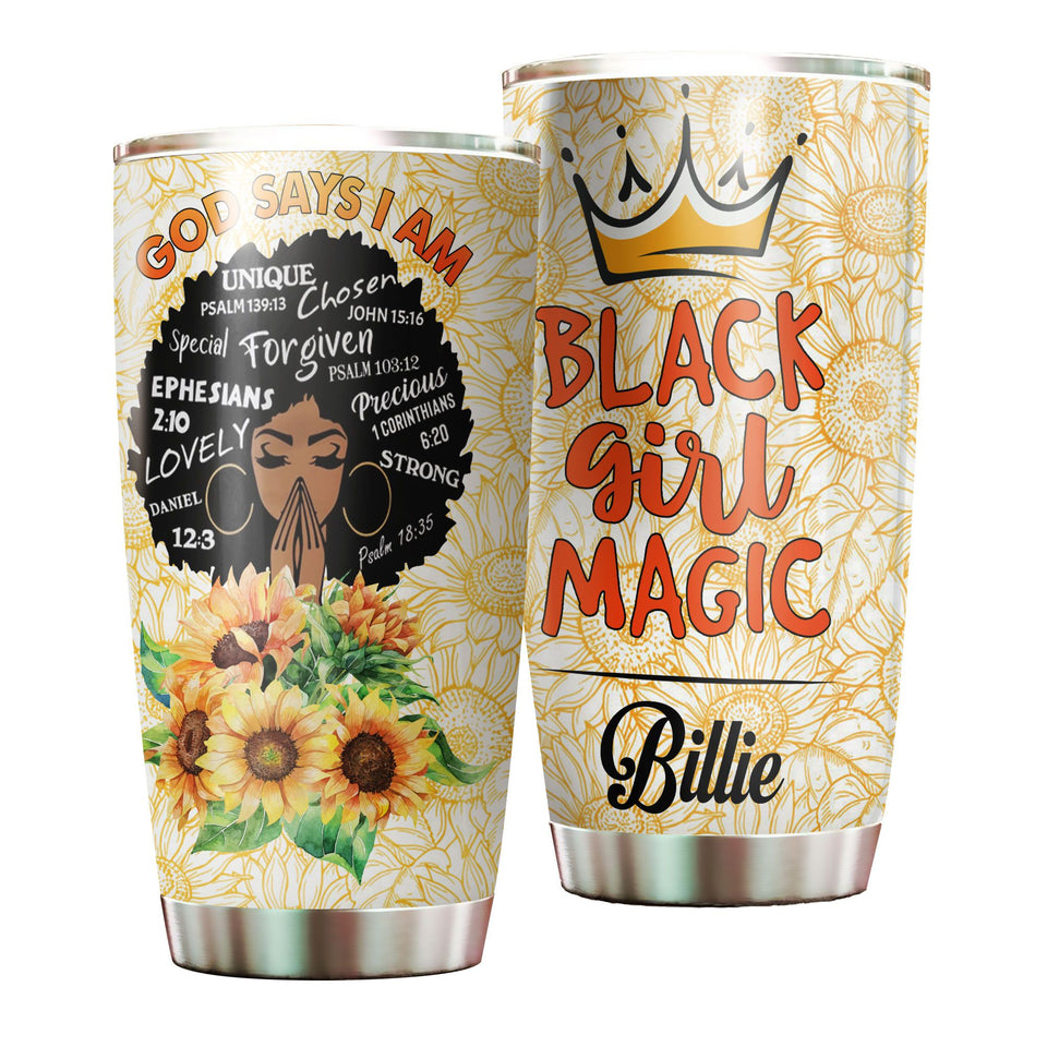 Camellia Persionalized 3D Black Girl Magic Stainless Steel Tumbler - Customized Double - Walled Insulation Travel Thermal Cup With Lid Gift For Black Queen Christian