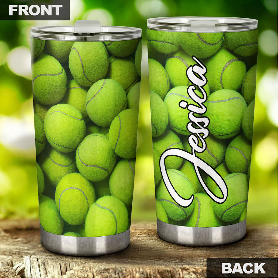 Camellia Personalized Full Of Tennis Ball Stainless Steel Tumbler - Customized Double-Walled Insulation Travel Thermal Cup With Lid Gift For Tennis Player
