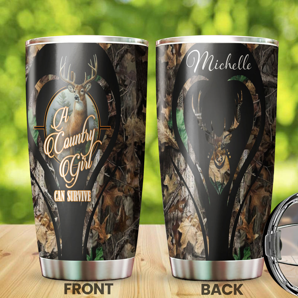Camellia Persionalized 3D Deer A Country Girl Can Survive Stainless Steel Tumbler - Customized Double - Walled Insulation Travel Thermal Cup With Lid