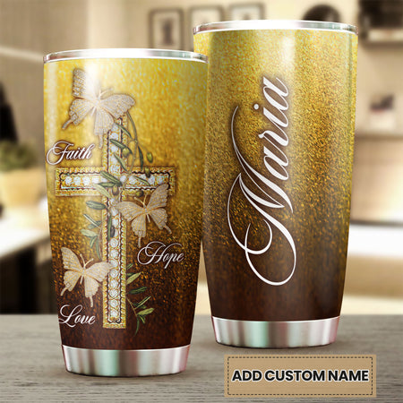 Camellia Personalized Butterfly Faith Hope Love Cross Stainless Steel Tumbler - Double-Walled Insulation Vacumm Flask - For Thanksgiving, Memorial Day, Christians, Christmas Gift