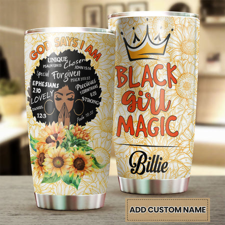 Camellia Persionalized 3D Black Girl Magic Stainless Steel Tumbler - Customized Double - Walled Insulation Travel Thermal Cup With Lid Gift For Black Queen Christian