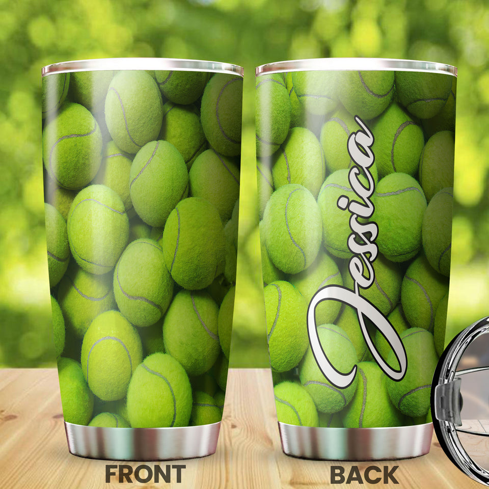 Camellia Personalized Full Of Tennis Ball Stainless Steel Tumbler - Customized Double-Walled Insulation Travel Thermal Cup With Lid Gift For Tennis Player