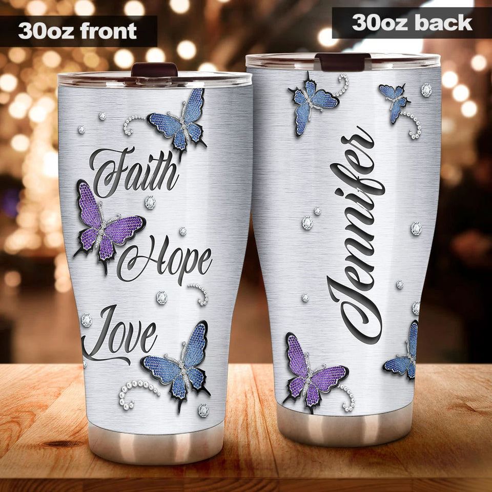 Camellia Personalized Butterfly Faith Hope Love Jewelry Style Stainless Steel Tumbler - Double-Walled Insulation Vacumm Flask - For Thanksgiving, Memorial Day, Christians, Christmas Gift