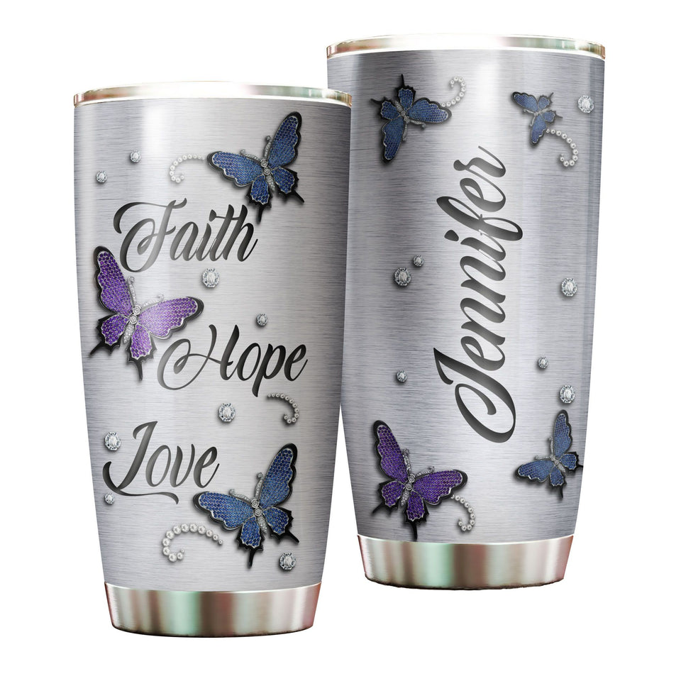 Camellia Personalized Butterfly Faith Hope Love Jewelry Style Stainless Steel Tumbler - Double-Walled Insulation Vacumm Flask - For Thanksgiving, Memorial Day, Christians, Christmas Gift