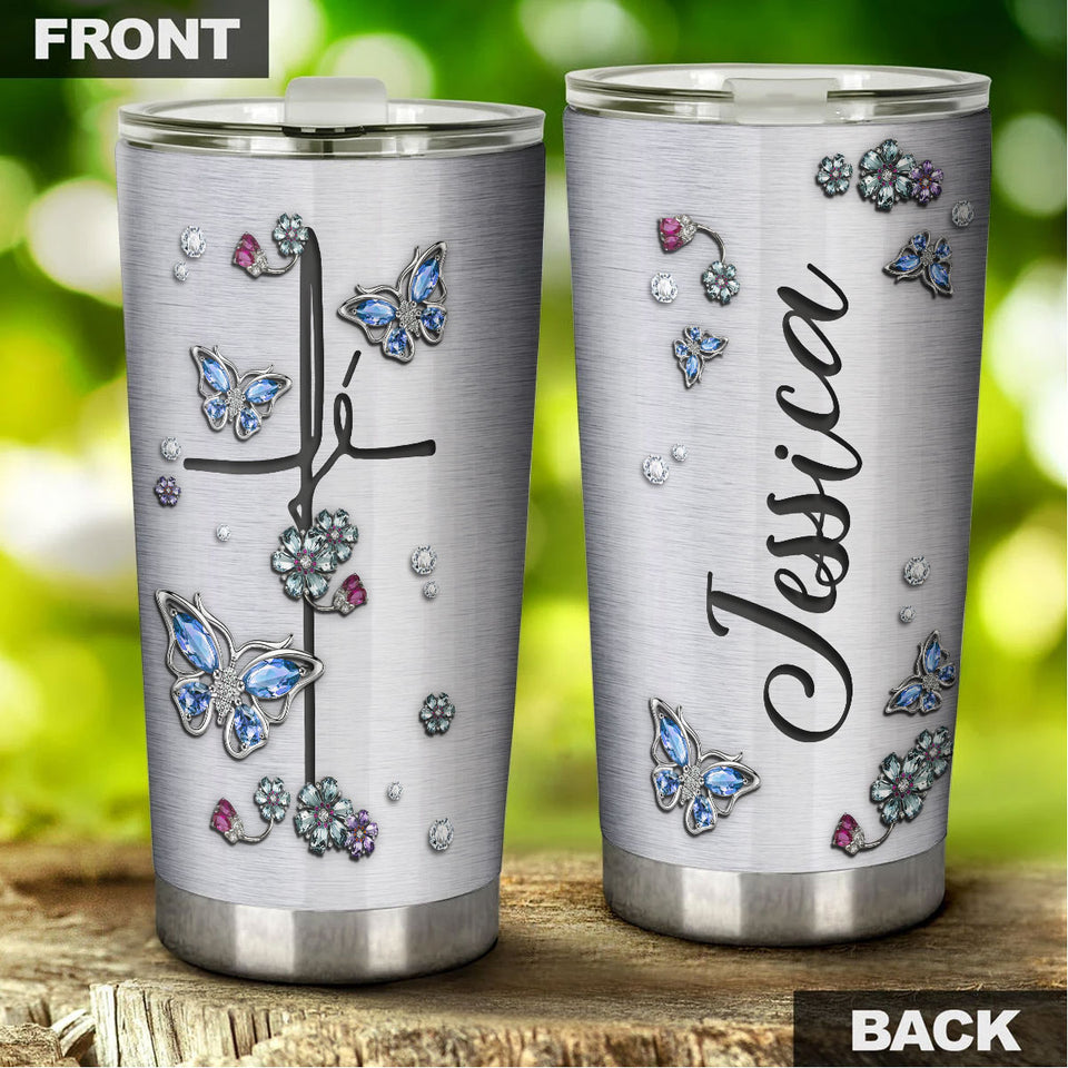 Camellia Personalized Butterfly Jewelry Style Christian Cross Stainless Steel Tumbler - Double-Walled Insulation Vacumm Flask - For Thanksgiving, Memorial Day, Christians, Christmas Gift