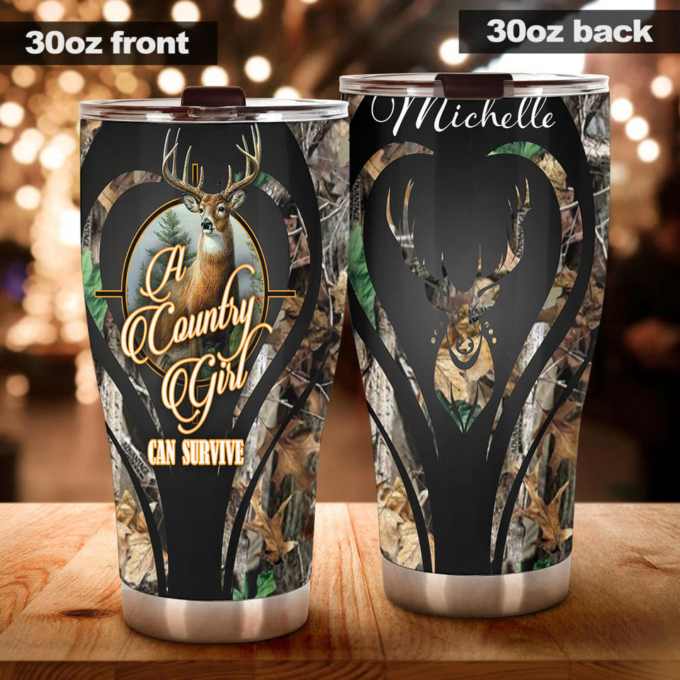 Camellia Persionalized 3D Deer A Country Girl Can Survive Stainless Steel Tumbler - Customized Double - Walled Insulation Travel Thermal Cup With Lid