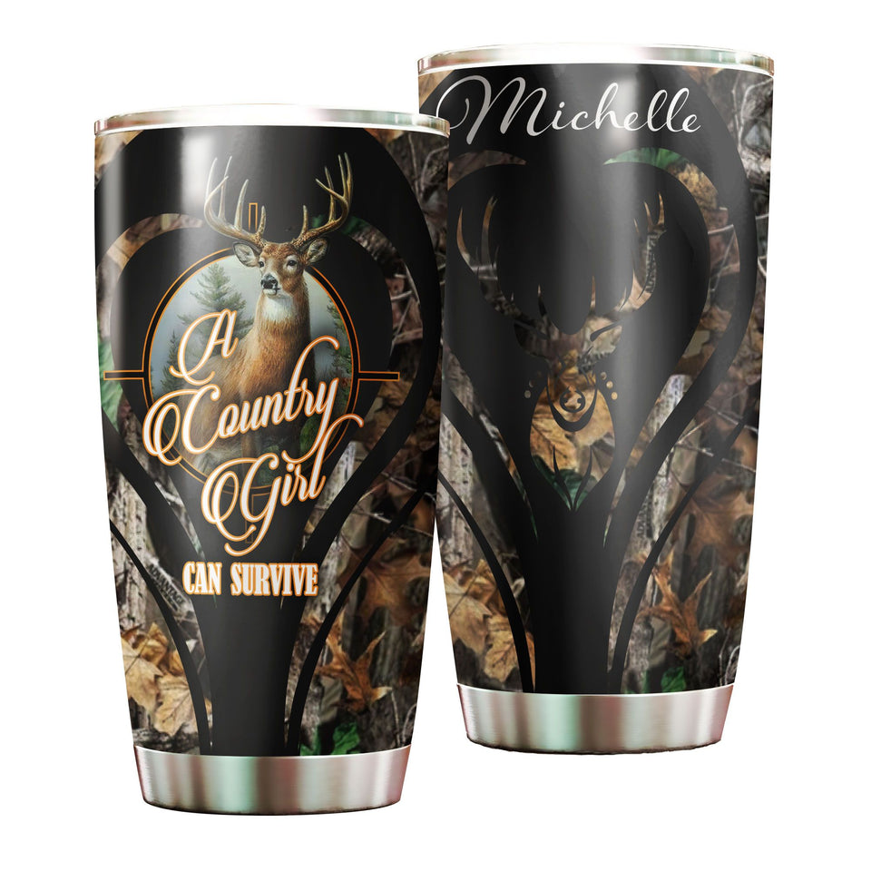 Camellia Persionalized 3D Deer A Country Girl Can Survive Stainless Steel Tumbler - Customized Double - Walled Insulation Travel Thermal Cup With Lid