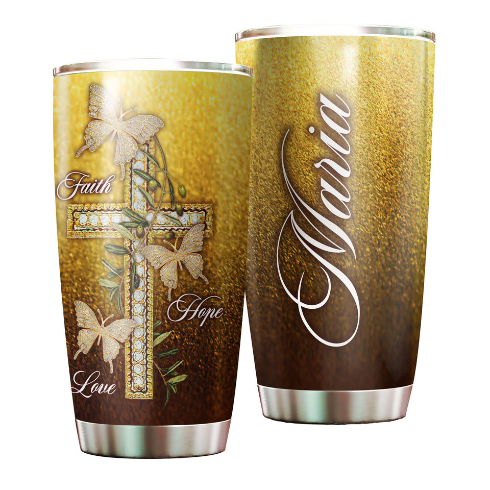 Camellia Personalized Butterfly Faith Hope Love Cross Stainless Steel Tumbler - Double-Walled Insulation Vacumm Flask - For Thanksgiving, Memorial Day, Christians, Christmas Gift