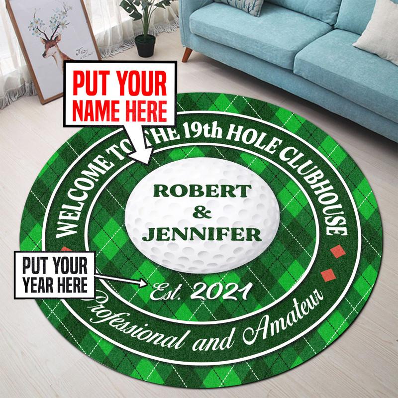 Personalized Golf Couple 19th Hole Living Room Round Mat Circle