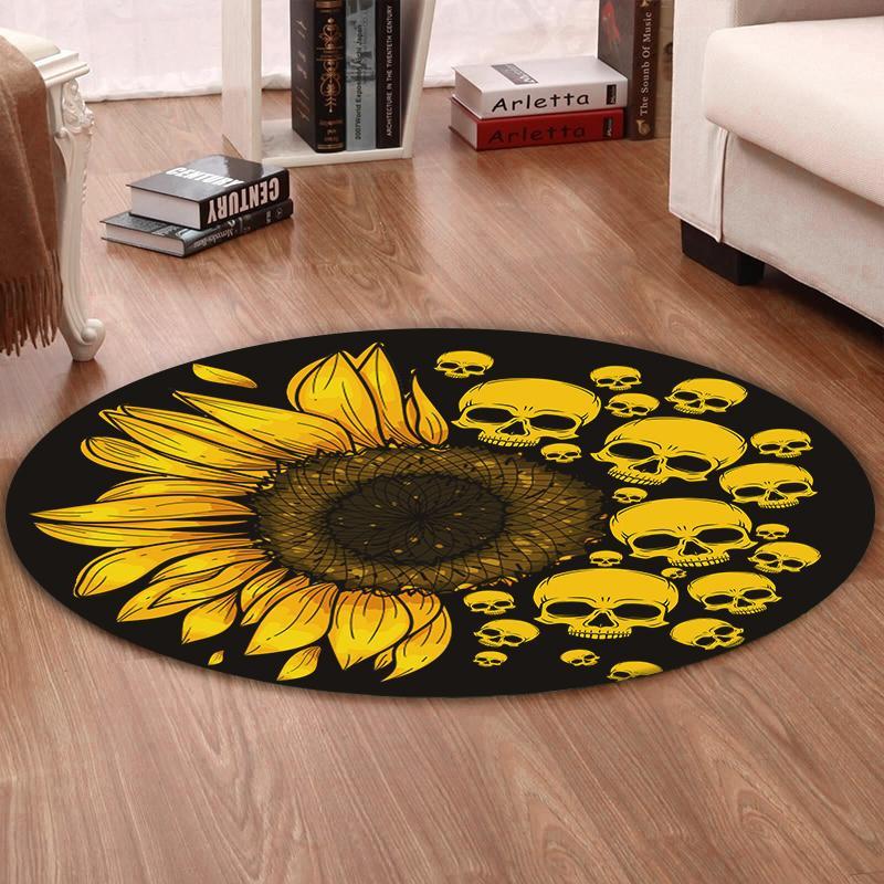 Skull Living Room Round Mat Circle Rug Skull Sunflower 01999