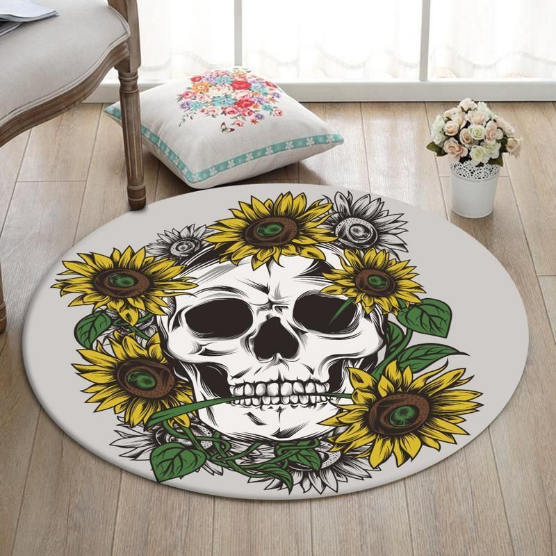 Skull Living Room Round Mat Circle Rug Skull Sunflower 02000