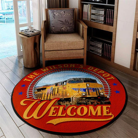 Personalize Unionpacific Train Depot Welcome Living Room Round