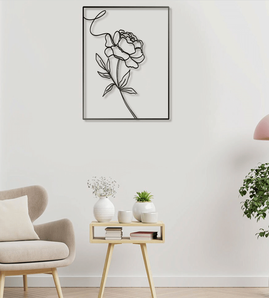 Peony Flower Line Art - Metal House Sign