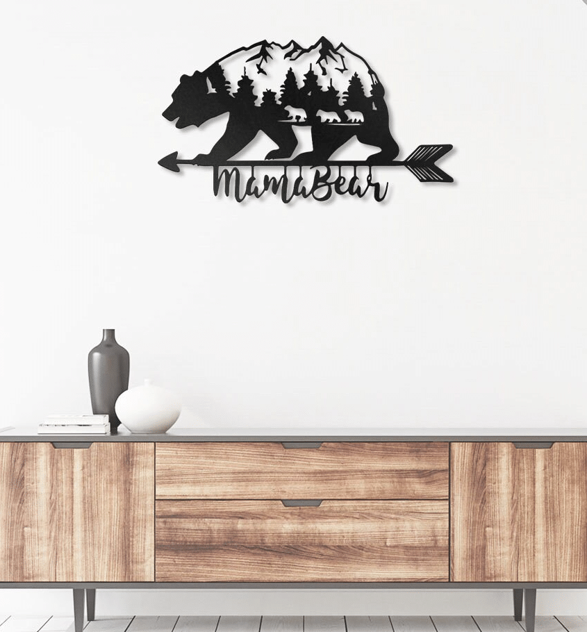 Mama Bear With 3 kids - Metal House Sign