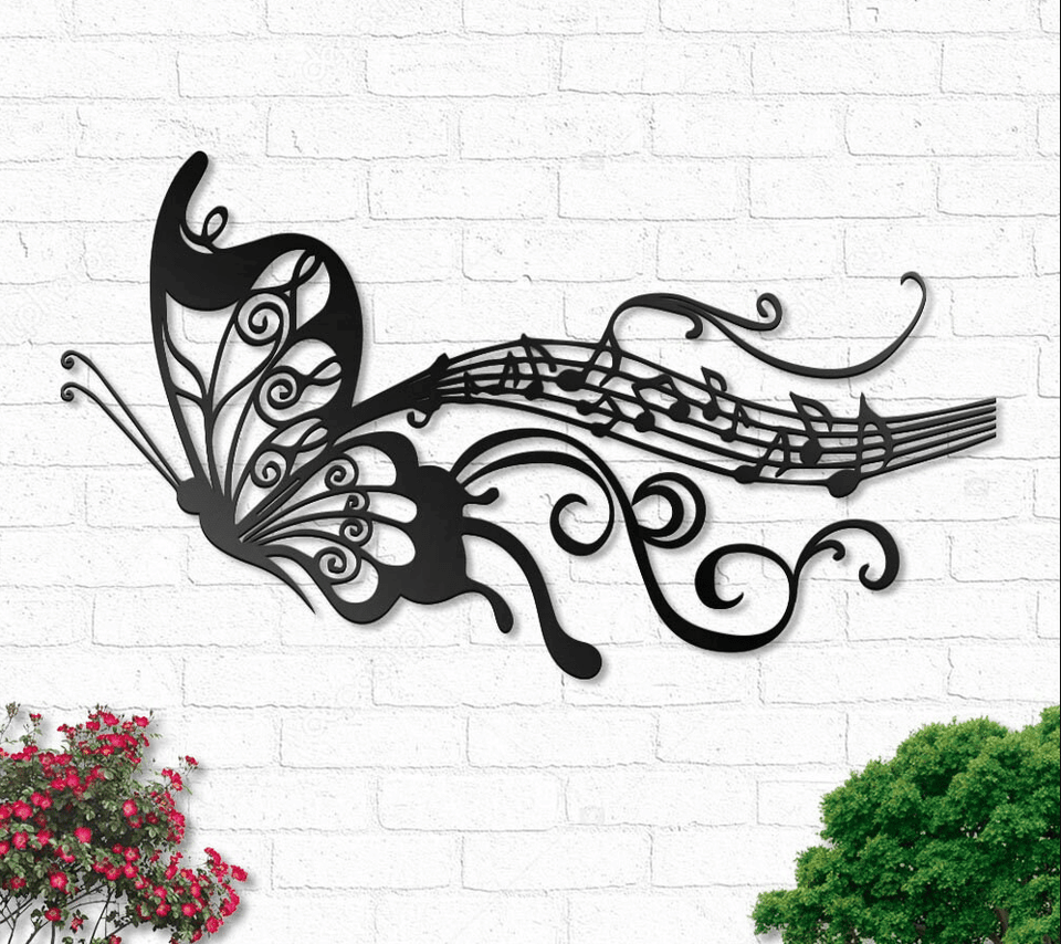 Butterfly And Melody Notes Music - Metal House Sign