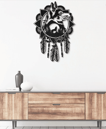 Native Wolf Dream Catcher - Metal House Sign