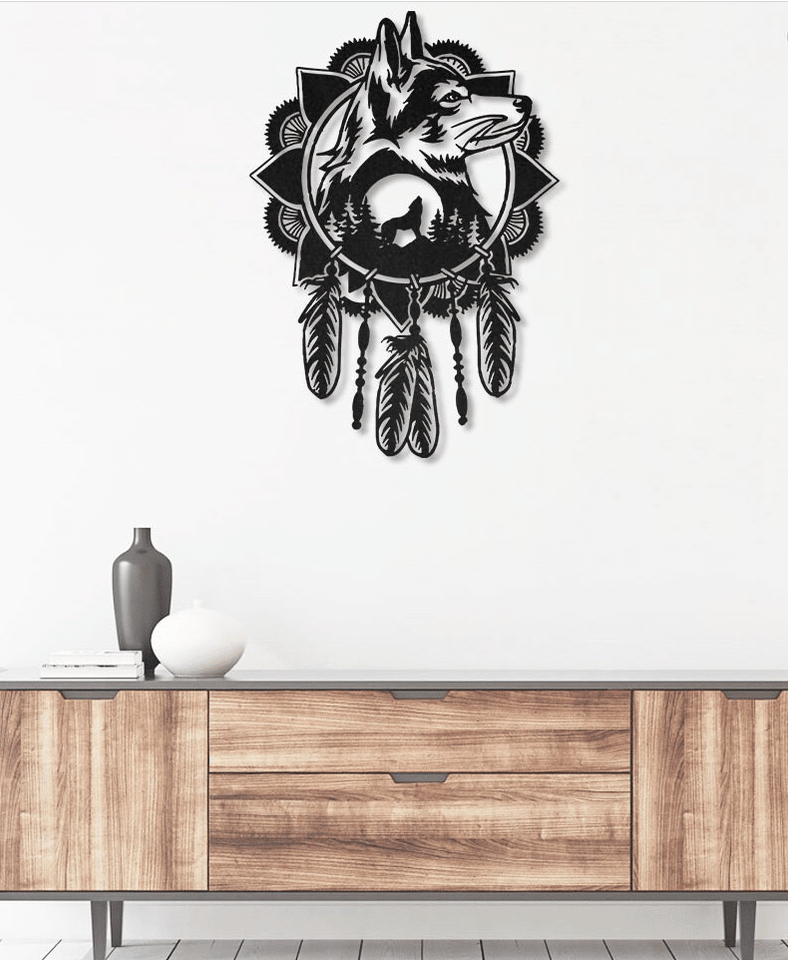 Native Wolf Dream Catcher - Metal House Sign
