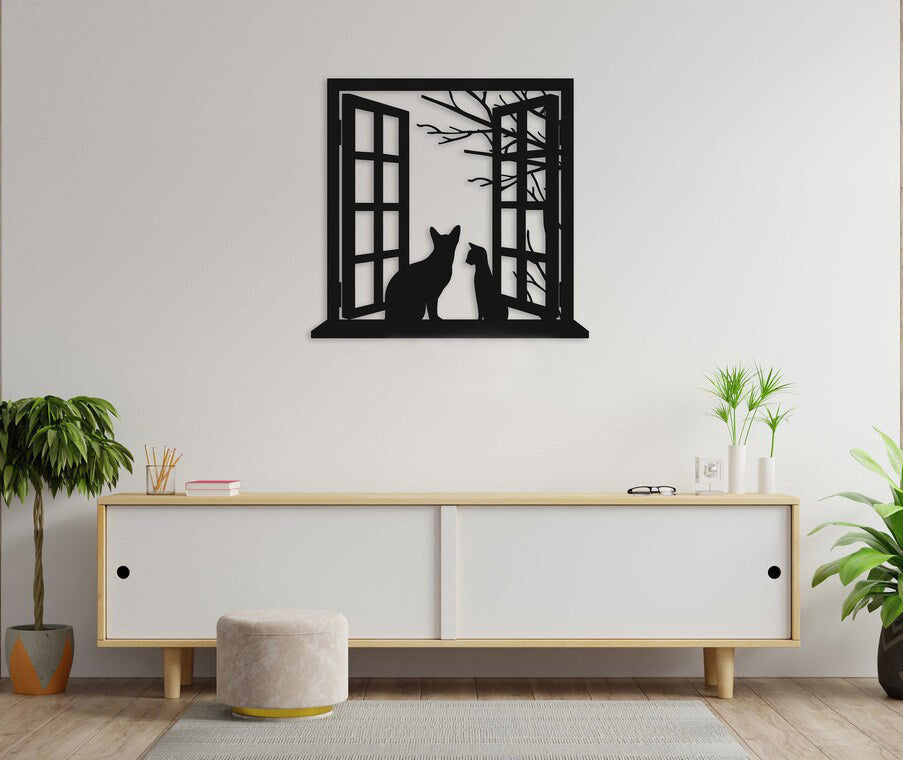 Two Cats Looking Out The Open Window | Wall Art Decor - Cut Metal Sign