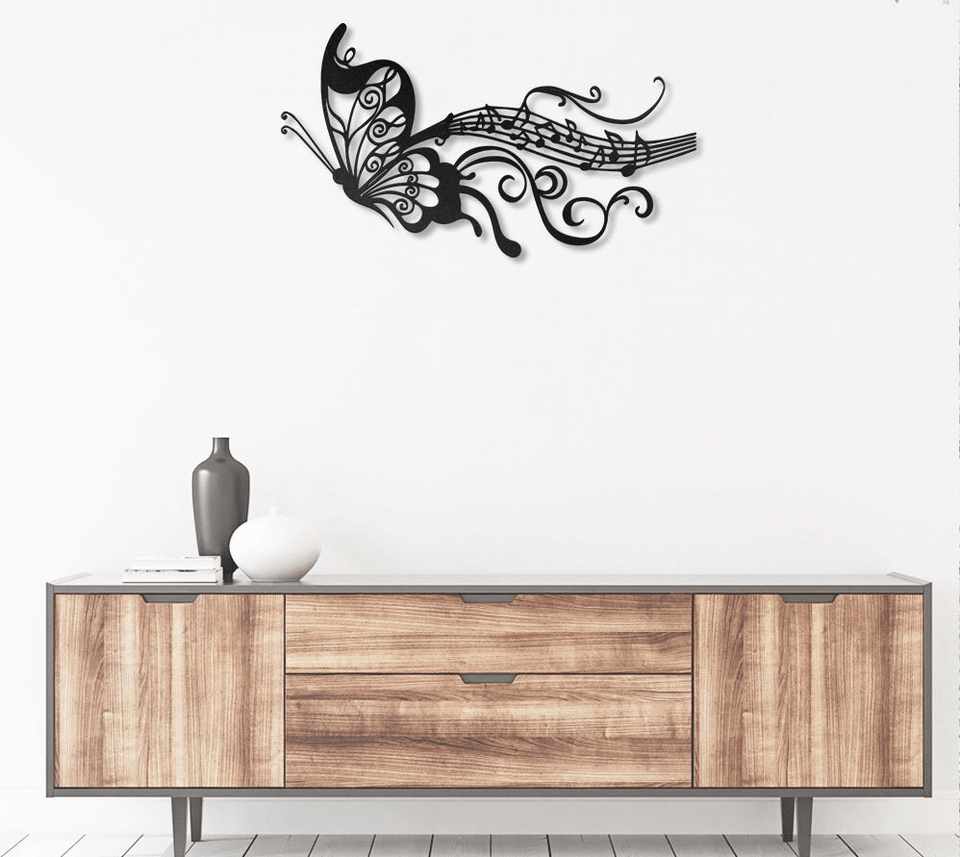 Butterfly And Melody Notes Music - Metal House Sign