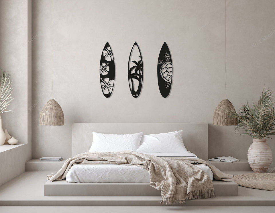 Surf Board Palm Tree Metal Wall Art, 3 Piece Surf Board , Gift For Surfers, Beach House Decor, Summer House Wall Art,, Metal Laser Cut Metal Sign Surf Board Personalized Bathroom Signs Nice Garage Signs For Men Funny