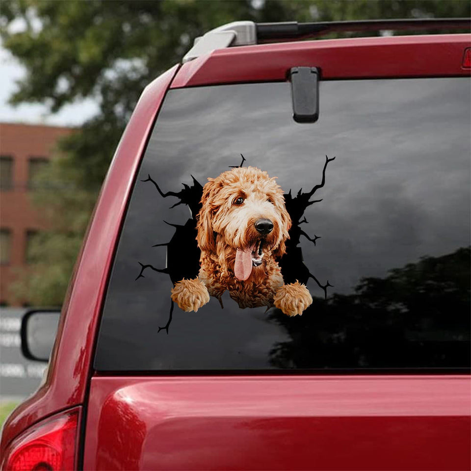 Goldendoodle Crack Decal Sticker Car Cuteness Overloaded Decal Stickers Creations - Dog Lovers die-cut waterproof vinyl sticker decal