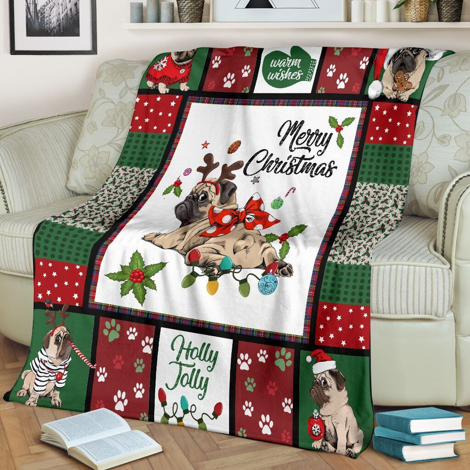  Merry Christmas Pug Christmas Xmas Ultra Soft Cozy Plush Fleece Blanket