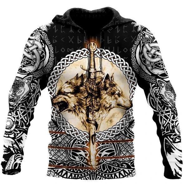 Wolf & Viking Tattoo 3D Over Printed Hoodie for Men and Women