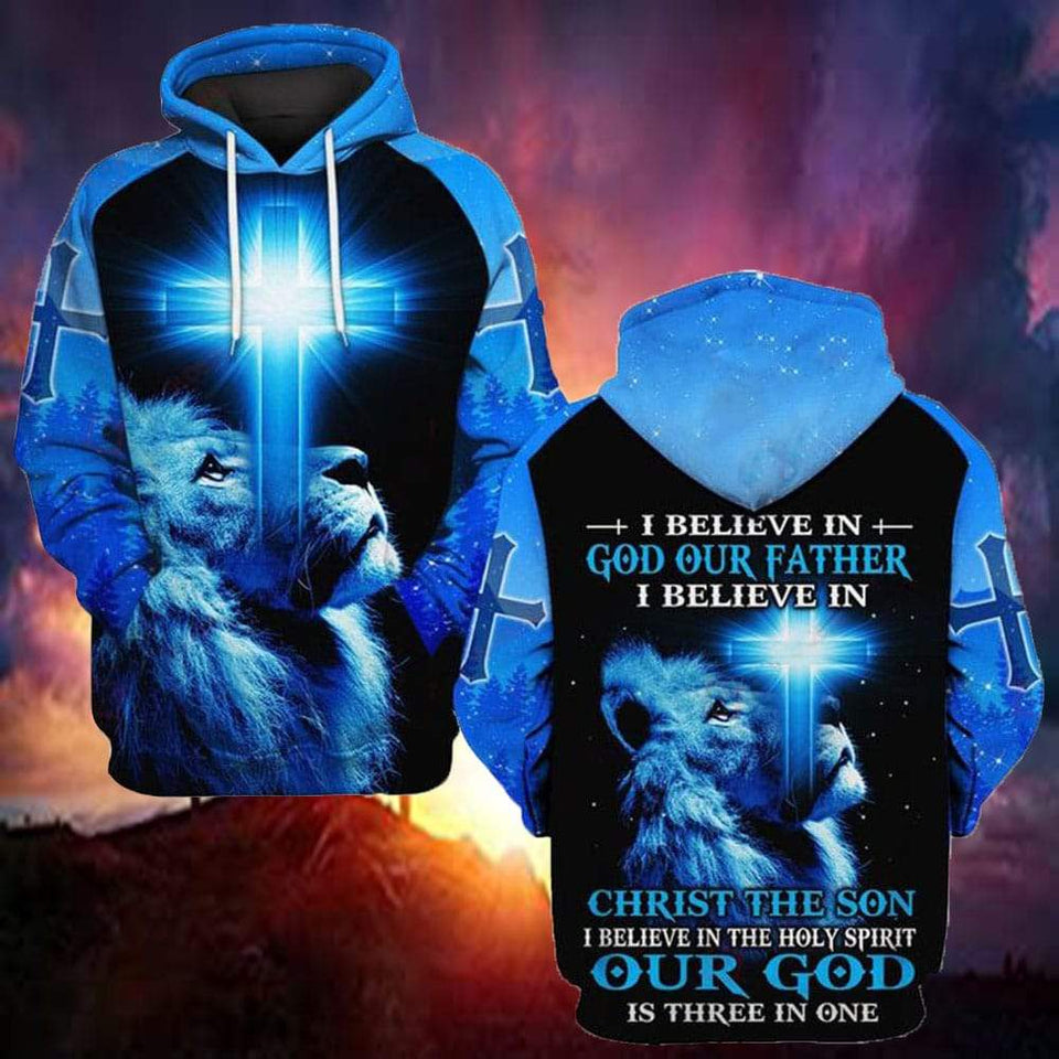I BELIEVE IN GOD OUR FATHER I BELIEVE IN CHRIST THE SON I BELIEVE IN THE HOLY SPIRIT OUR GOD IS THREE IN ONE ALL OVER PRINTED SHIRTS QH060121