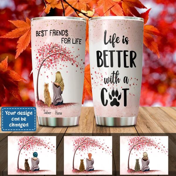 Personalized Best Friend for Life stainless steel tumbler with custom cat design for cat lovers.