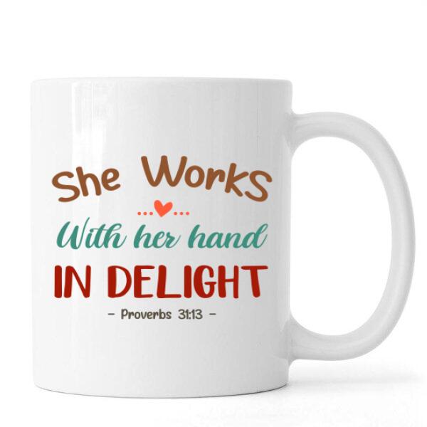 Cat sewing personalized mug in white ceramic featuring custom text and cat crafting artwork.