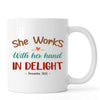 Cat sewing personalized mug in white ceramic featuring custom text and cat crafting artwork.