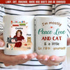 Cat sewing personalized mug in white ceramic featuring custom text and cat crafting artwork.
